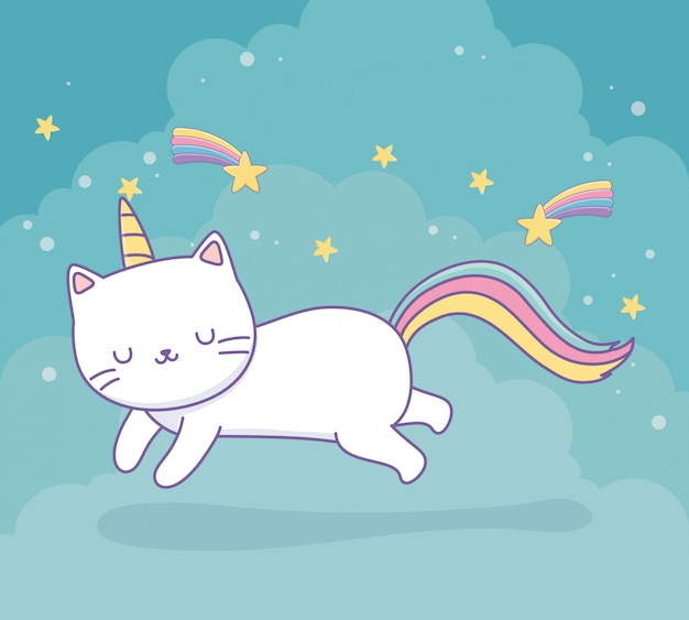 Lindo gato con carácter kawaii de cola de arco iris