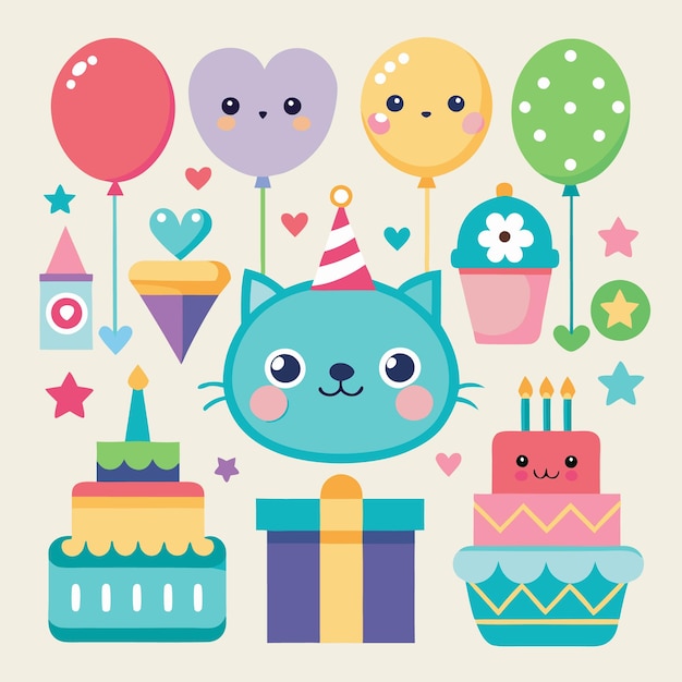 El lindo gato celebra con globos de pastel y regalos