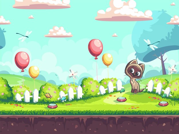 Lindo gato cerebro en césped verde con cercas blancas y globos