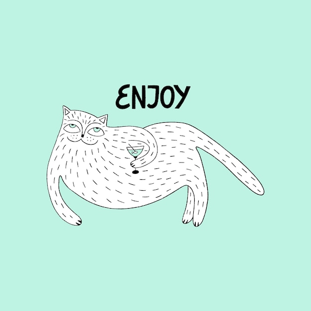 Lindo gato con cóctel. Letras dibujadas a mano -disfruta. Ilustración vectorial