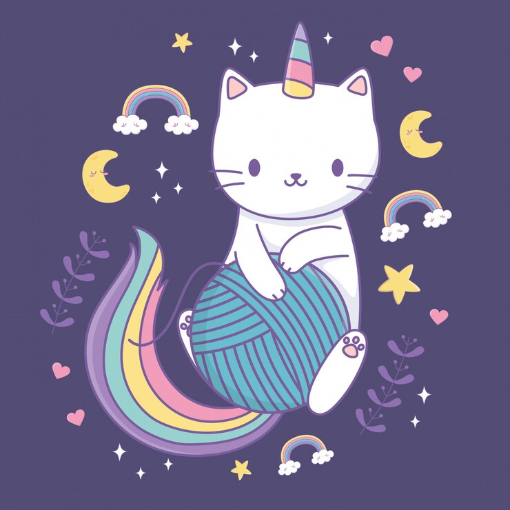 Vector lindo gato con cola de arco iris y bola de lana kawaii personaje