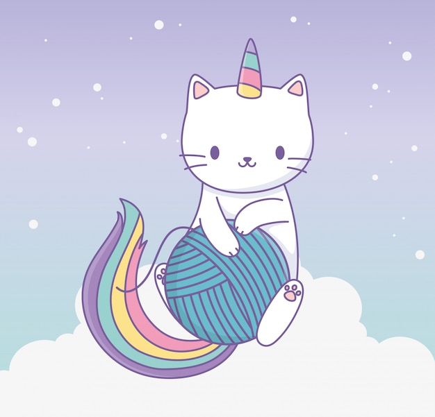 Lindo gato con cola de arco iris y bola de lana kawaii personaje