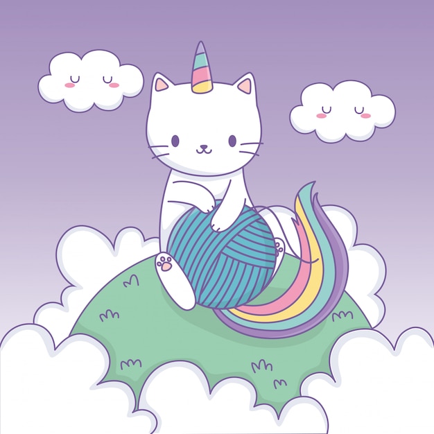 Lindo gato con cola de arco iris y bola de lana kawaii personaje