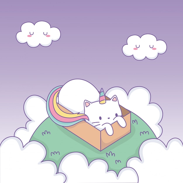 Lindo gato con cola de arco iris en caja de cartón kawaii personaje