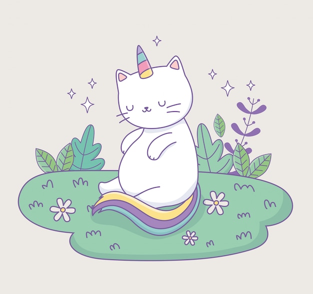 Lindo gato con cola de arco iris en el campamento kawaii personaje