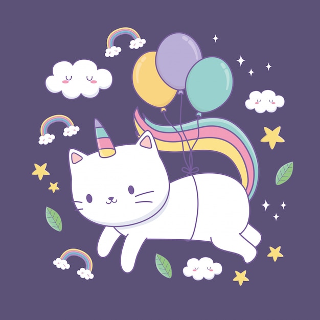 Lindo gato con cola de arco iris y globos helio kawaii personaje