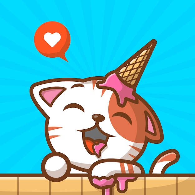 Lindo gato comer helado con amor vector icono ilustración. gato con helado en la cabeza, concepto de icono de logotipo animal