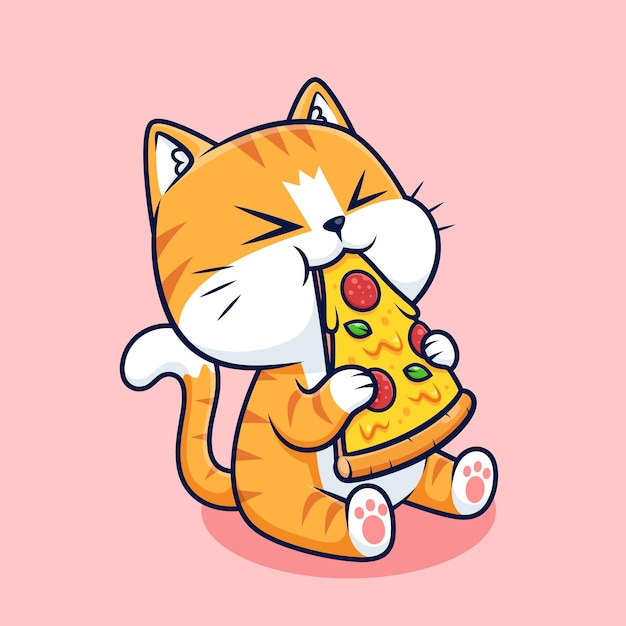 lindo gato comer pizza dibujos animados aislado vector diseño ilustración