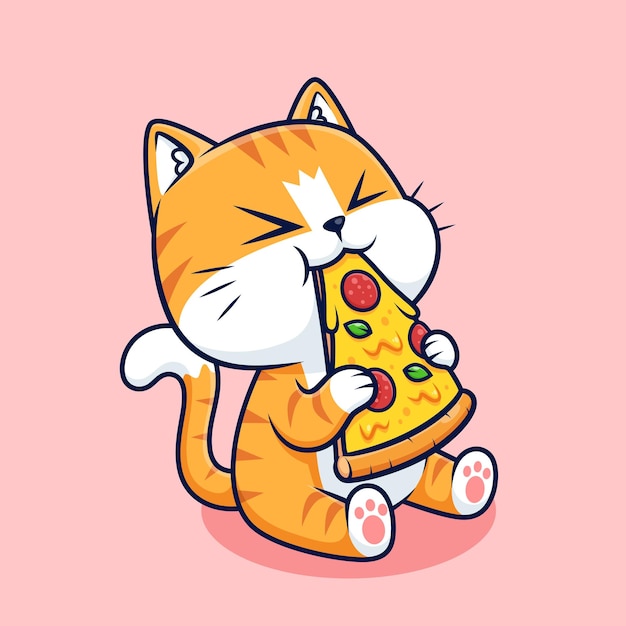 Vector lindo gato comer pizza dibujos animados aislado vector diseño ilustración