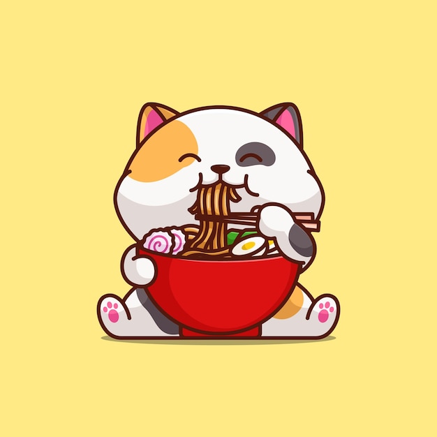 Lindo gato comiendo fideos ramen dibujos animados simples ilustración vectorial icono de comida animal