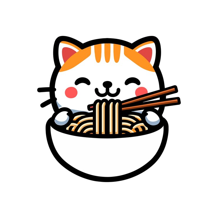 Vector lindo gato comiendo fideos de ramen con palillos de dibujos animados ilustración