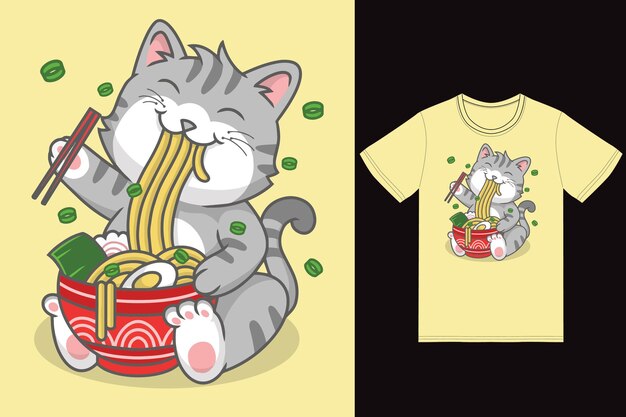 Lindo gato comiendo ilustración de ramen con vector premium de diseño de camiseta