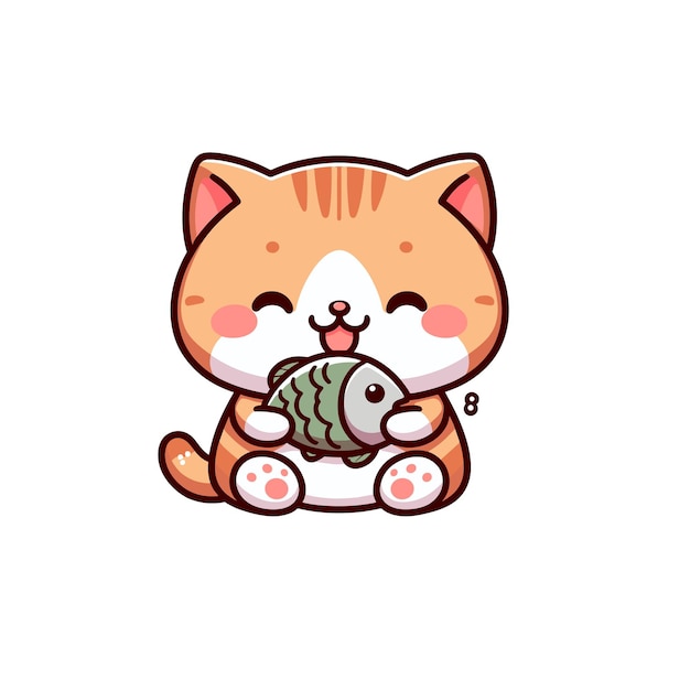 lindo gato comiendo pescado vector de dibujos animados sobre fondo blanco