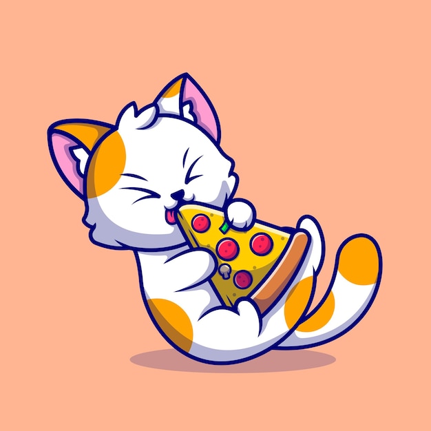 Lindo gato comiendo pizza icono de dibujos animados ilustración. concepto de icono de comida animal aislado. estilo de dibujos animados plana