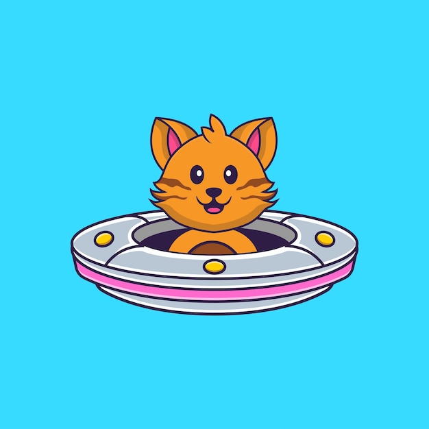 Lindo gato conduciendo nave espacial OVNI. Concepto de dibujos animados de animales aislado.