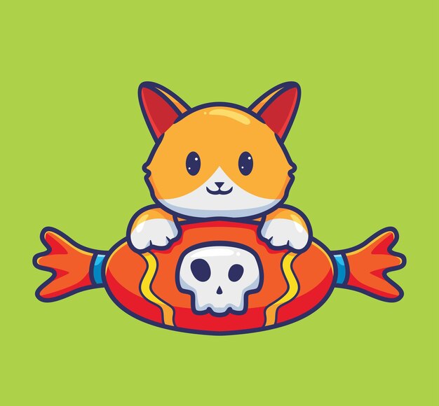 Vector lindo gato consigue un caramelo de calavera gigante. concepto de evento de halloween de animales de dibujos animados ilustración aislada. estilo plano adecuado para el vector de logotipo premium de diseño de icono de etiqueta. personaje mascota