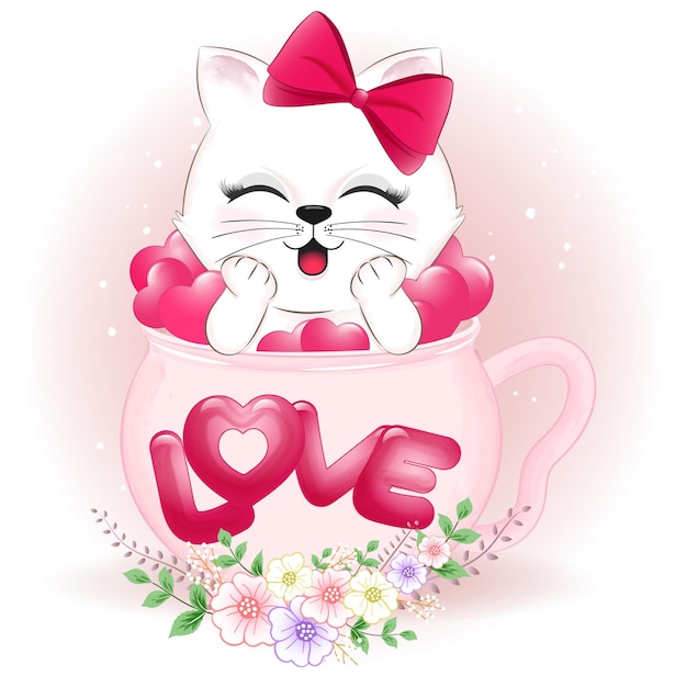 Vector lindo gato y corazones en concepto de taza de san valentín