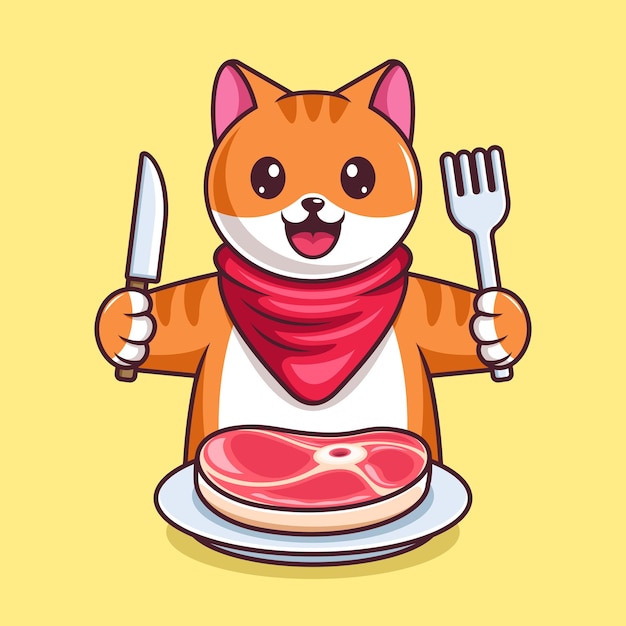 Lindo gato con cubiertos come un trozo de ilustración de dibujos animados de carne