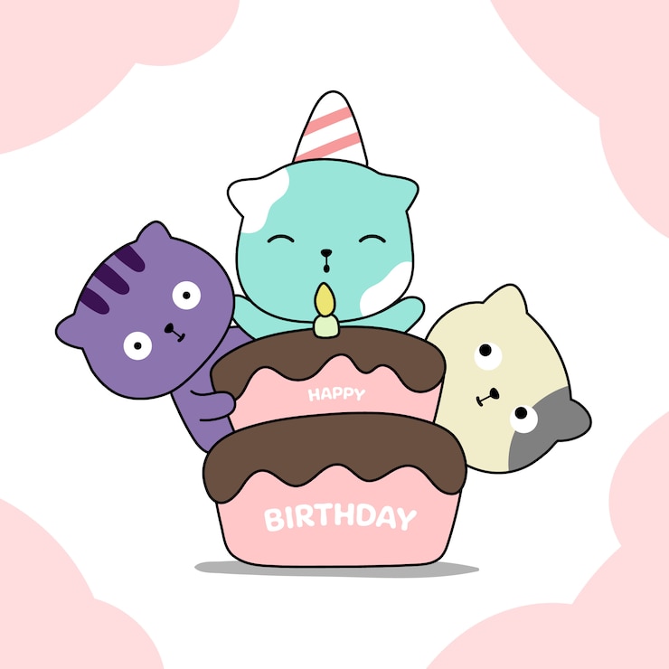 Vector lindo gato cumpleaños dibujado a mano estilo