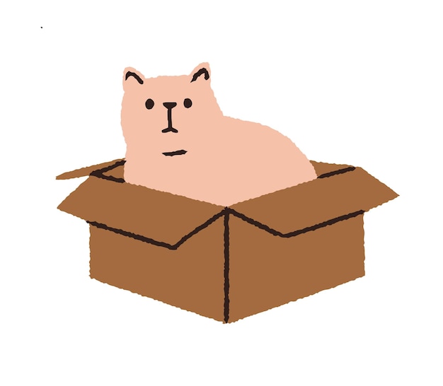 Lindo gato dentro de la caja. Gatito divertido sentado en un paquete de cartón. Divertida mascota felina en envase de cartón abierto. Adorable gatito en contenedor. Ilustración de vector plano aislado sobre fondo blanco.