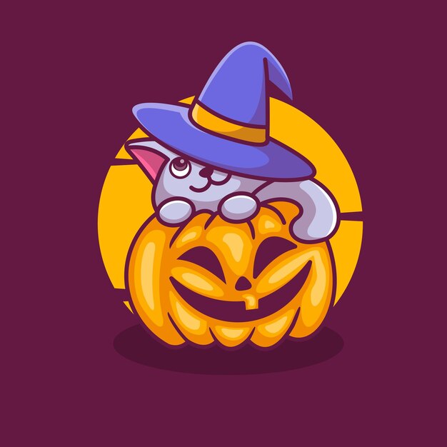 Lindo gato dentro de calabaza halloween ilustración vectorial icono de dibujos animados