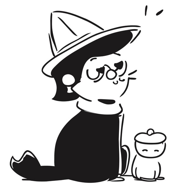 Vector lindo gato dibujo con sombrero de brujas dibujado a mano dibujos animados pegatina icono concepto aislado ilustración