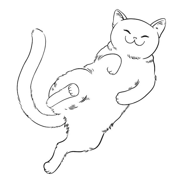 Lindo gato de dibujos animados acostado sobre su ilustración de vector de espalda