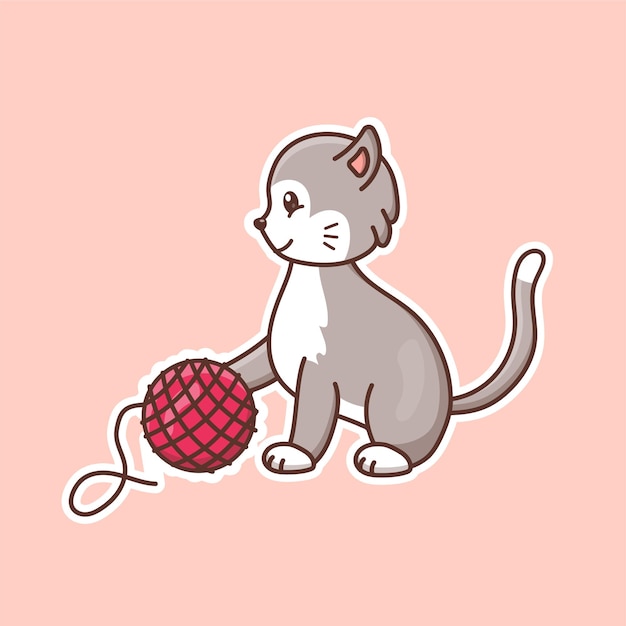 Lindo gato de dibujos animados con una bola de hilo en una ilustración vectorial vector animal aislado