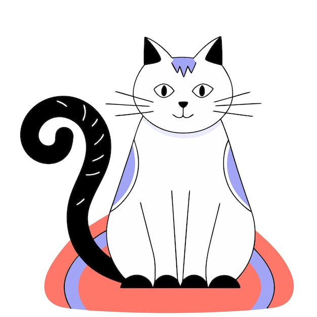 Un lindo gato de dibujos animados con cola negra sentado en una ilustración redonda de alfombra