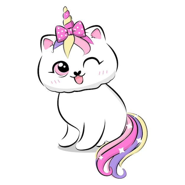 Lindo gato de dibujos animados con cuerno y cola de unicornio.