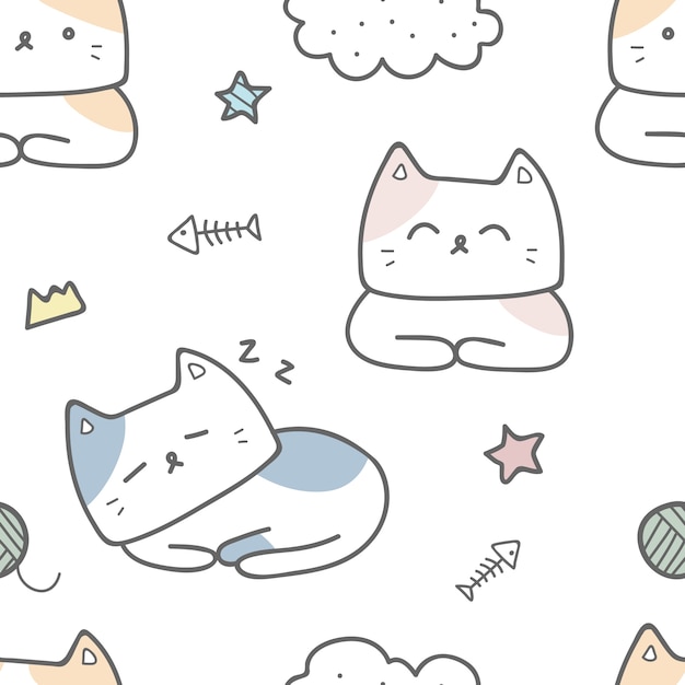 Vector lindo gato de dibujos animados doodle pastel de patrones sin fisuras papel pintado