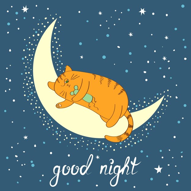 El lindo gato de dibujos animados durmiendo en la luna buenas noches letras ilustración vectorial