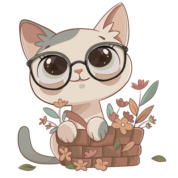 un lindo gato de dibujos animados con gafas sentado en una canasta llena de flores que exuda una vibra lúdica y alegre