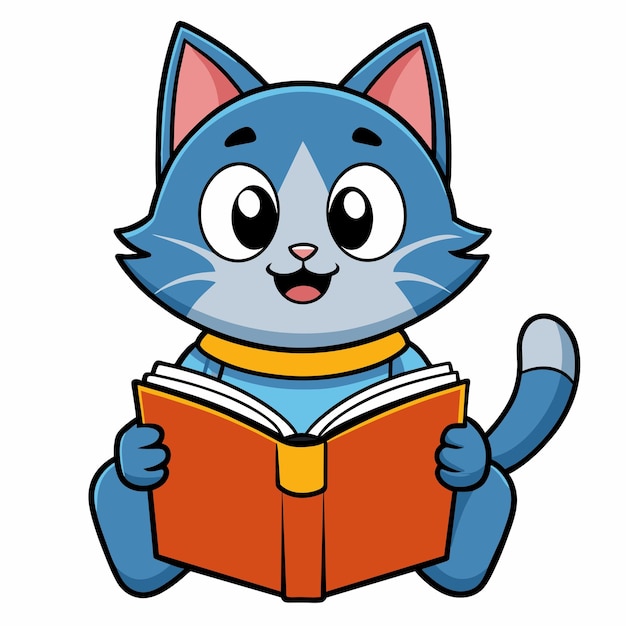 Lindo gato de dibujos animados leyendo un libro
