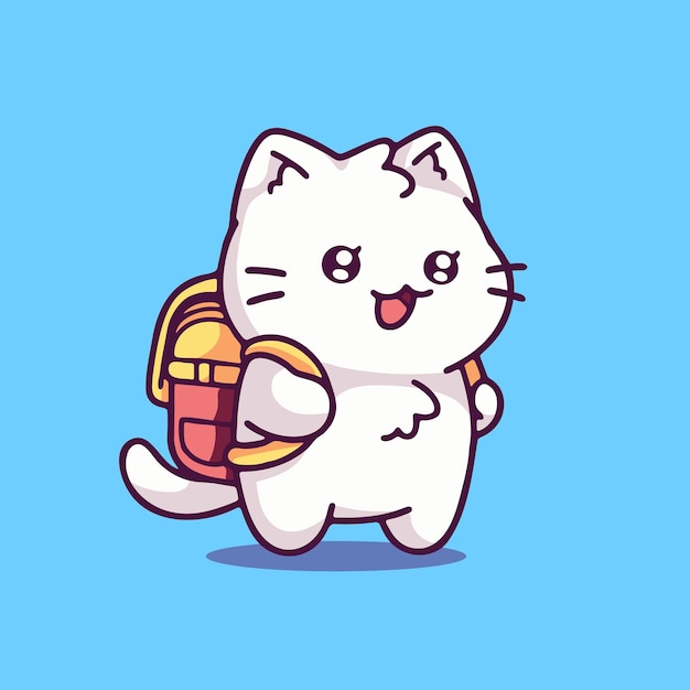 El lindo gato de dibujos animados con una mochila listo para la escuela