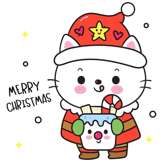 Vector lindo gato de dibujos animados de navidad con hombre de nieve taza kawaii gatito feliz tarjeta de año nuevo animal de invierno