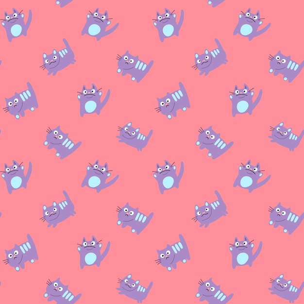 Lindo gato de dibujos animados púrpura Vector de patrones sin fisuras y fondo para niños.
