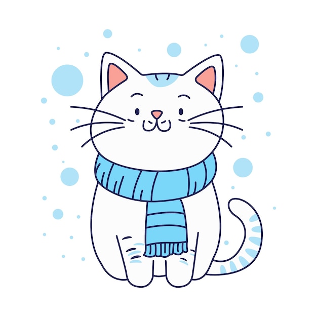 El lindo gato de dibujos animados que lleva una bufanda azul en la temporada de invierno de nieve con expresión de sonrisa