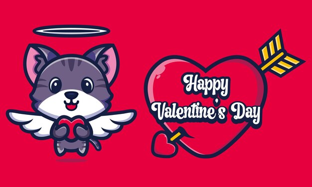 Vector lindo gato de dibujos animados con saludos de feliz día de san valentín