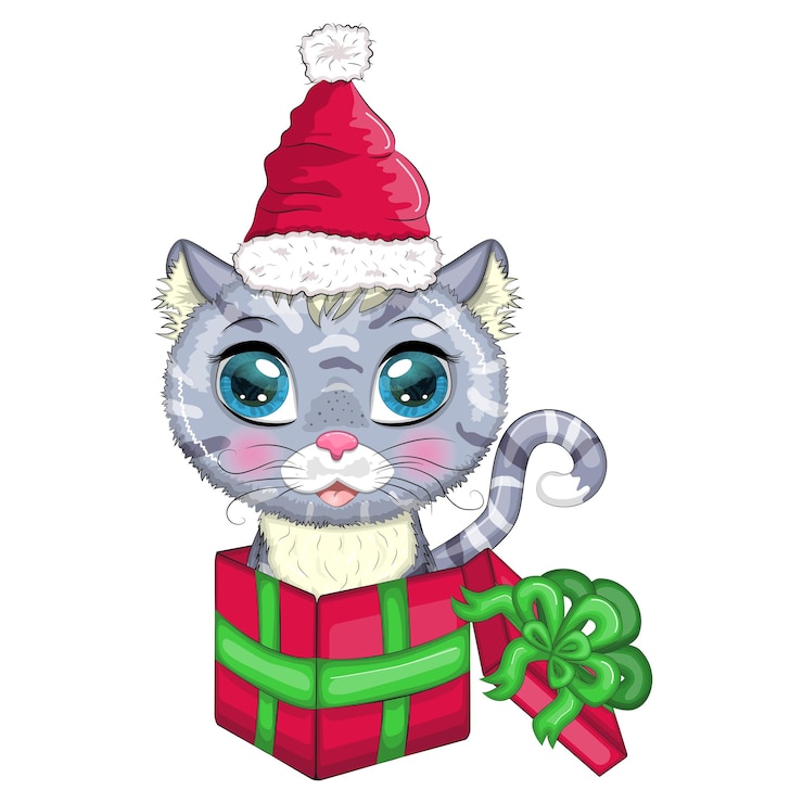 Vector lindo gato de dibujos animados en un sombrero de santa en una caja de regalo concepto de regalo de año nuevo invierno 2023 navidad y nuevo chino