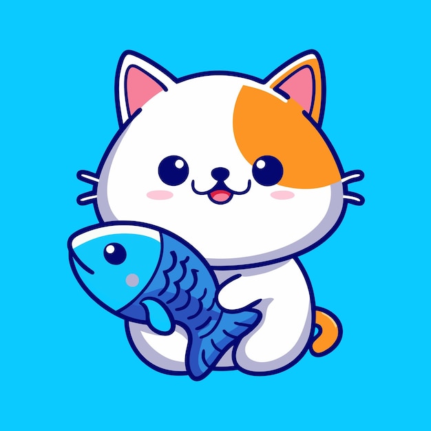 Un lindo gato de dibujos animados sosteniendo un pez