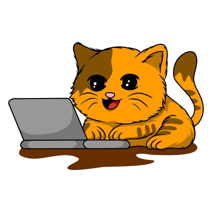 Vector un lindo gato de dibujos animados trabajando en una computadora portátil