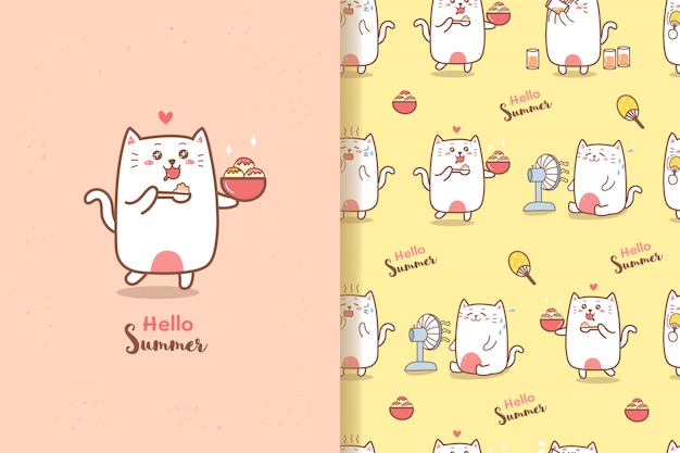 Lindo gato dibujos animados verano de patrones sin fisuras comiendo helado con fondo de colores dulces