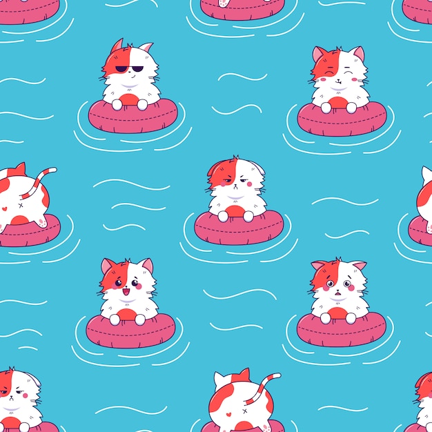 Lindo gato diferente emoción en anillo de goma en agua de mar azul Kawaii de patrones sin fisuras