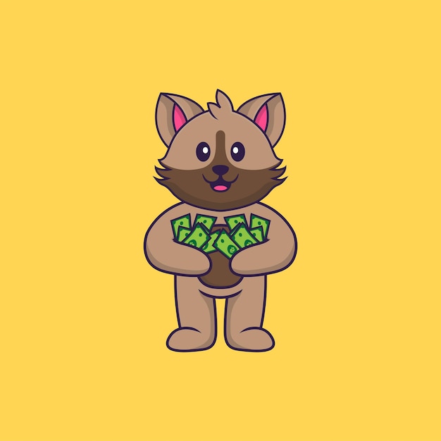 Lindo gato con dinero. concepto de dibujos animados de animales aislado.