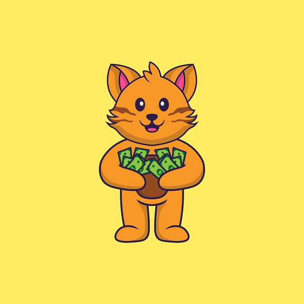 Lindo gato con dinero. concepto de dibujos animados de animales aislado.