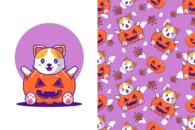 Lindo gato con disfraz de calabaza feliz halloween con patrones sin fisuras