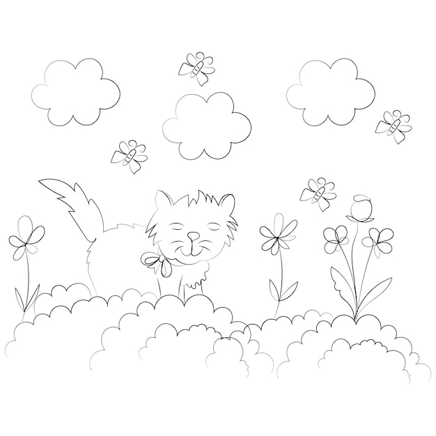 Un lindo gato disfrutando de un hermoso jardín con nubes mariposas y flores
