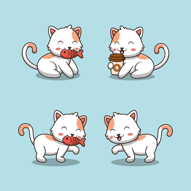 Lindo gato con diversas actividades ilustración de dibujos animados