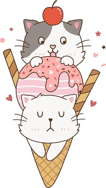 Lindo gato divertido grupo familia amigos torre en helado doodle dibujo dibujos animados ilustración vol3